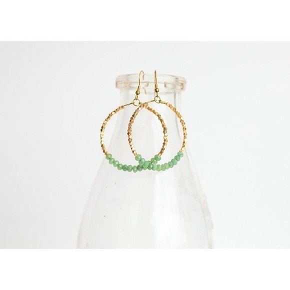 Sparkly Gemstone Beaded Hoops Earrings Natural Green Aventurine Beaded Hoops - Picture 8 of 11